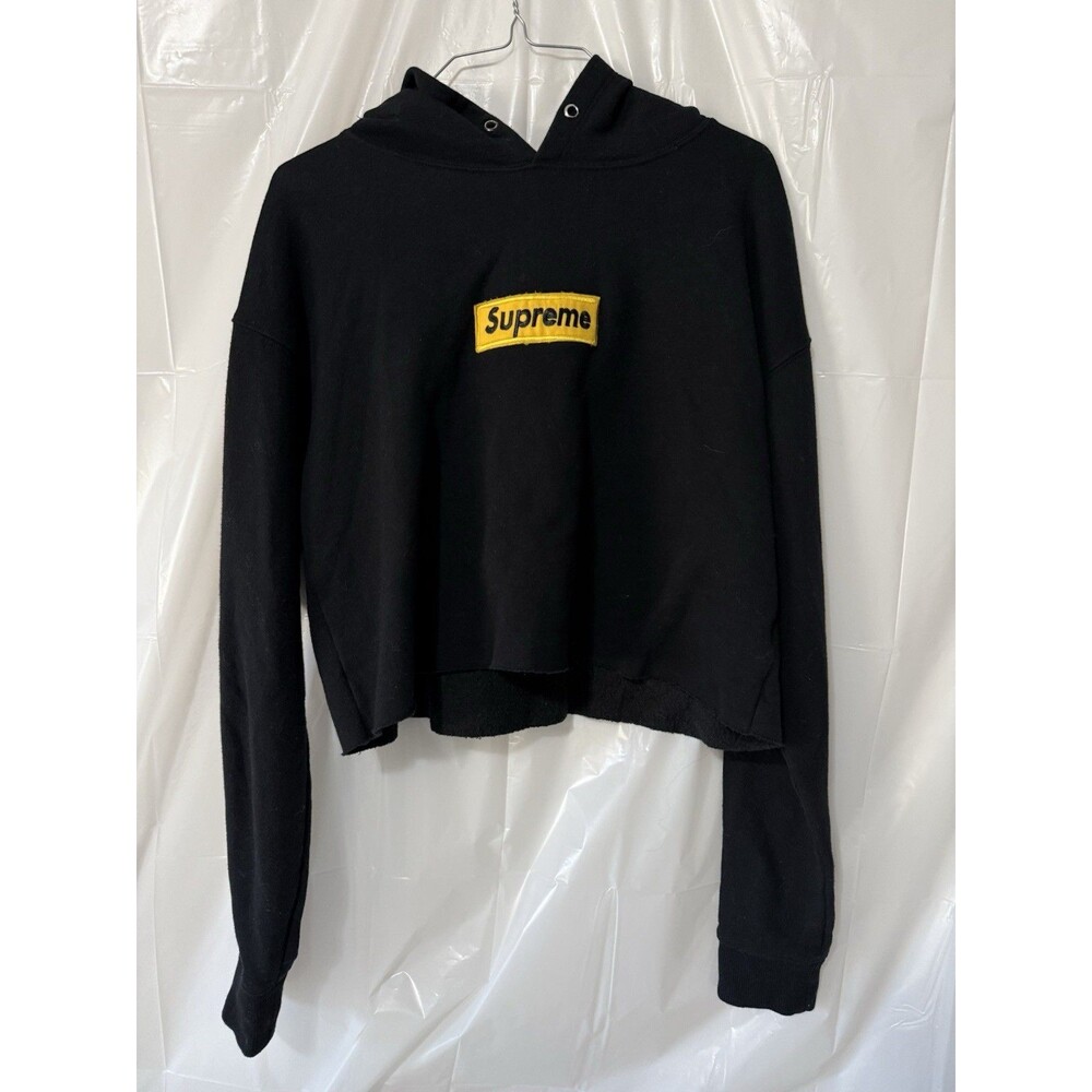 Black Cropped Hoodie Yellow Box Logo Patch Oversized Raw Hem Women’s